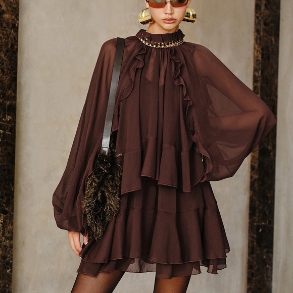 Commense Dresses & Skirts - Commense Tiered Ruffle Chiffon Mini Dress Set w/Liner Dark Brown Size XS NWT $69